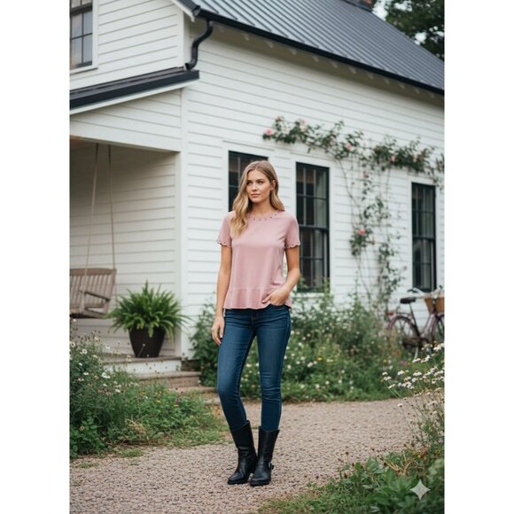 Kate Spade Blush Pink Top Blouse Ruffle Stud Tee Short Sleeve Farmhouse Casual - Picture 1 of 4